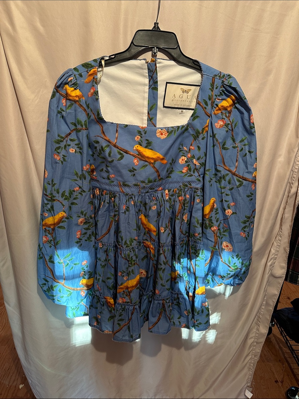 Agua Bendita Blue Floral & Yellow Bird Tiered Dress